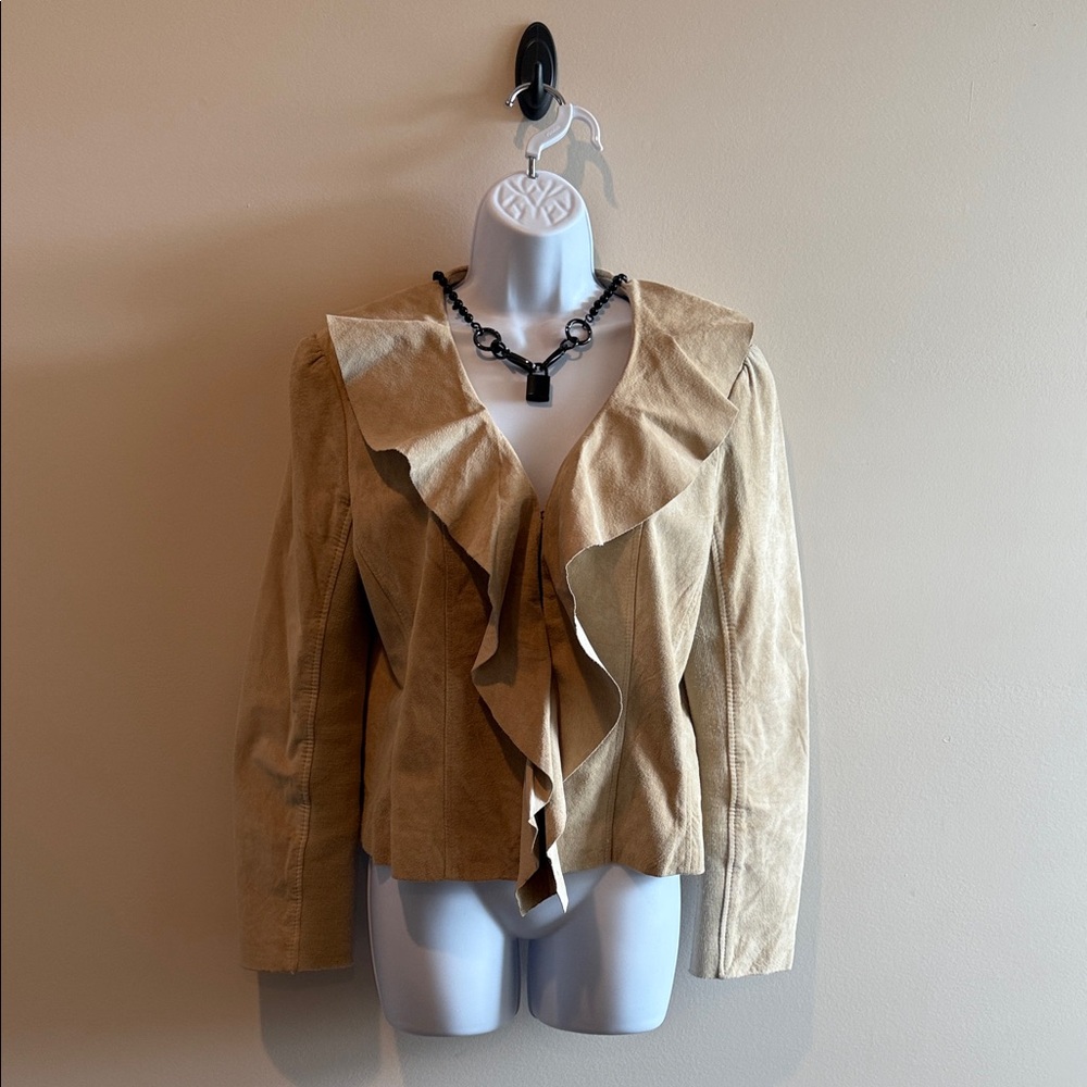 Suede Leather Tan Women's Ruffled collar Jacket